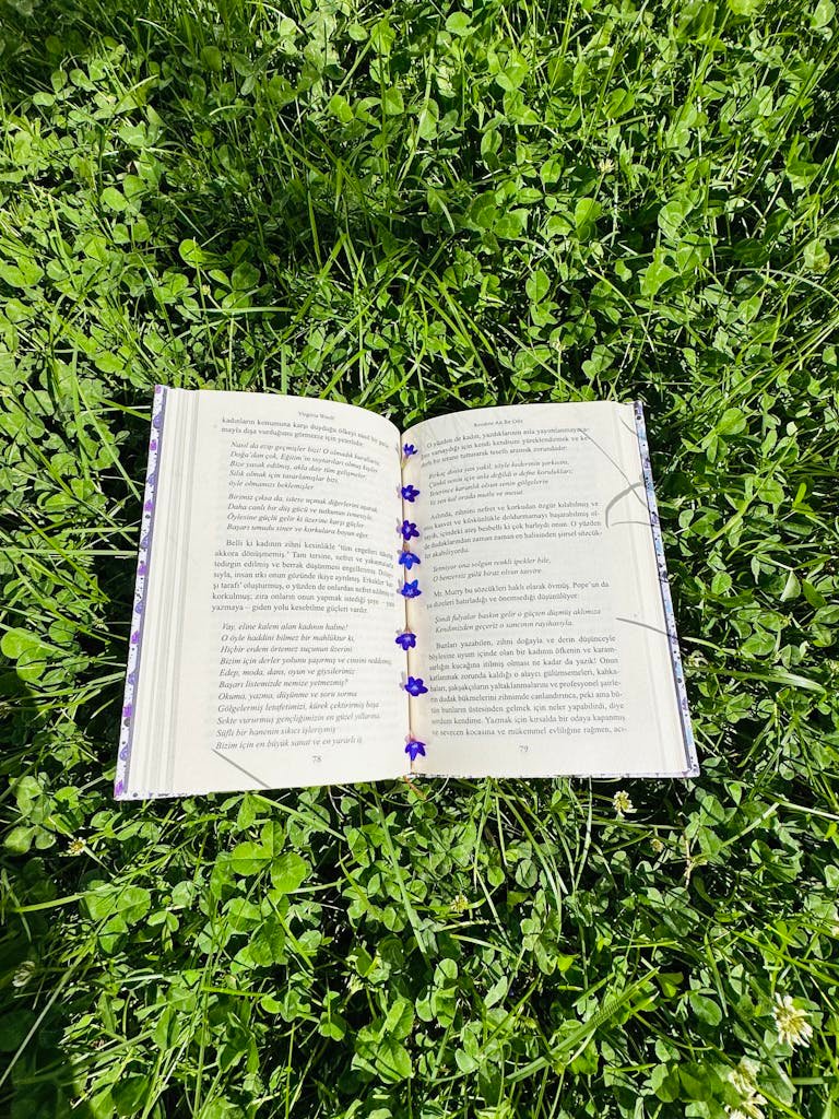 Open book placed on a vibrant green grass field with clover leaves and small flowers.