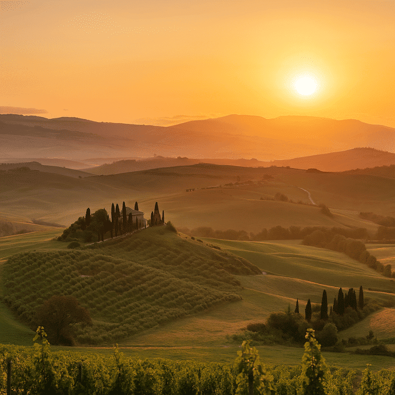 Golden sunrise over rolling hills and vineyards in Tuscany, Italy