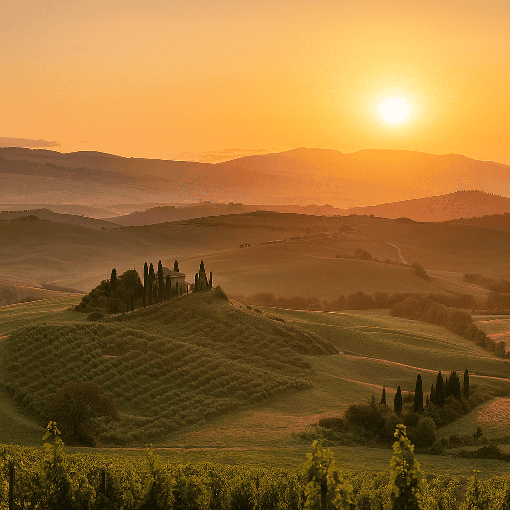 Golden sunrise over rolling hills and vineyards in Tuscany, Italy