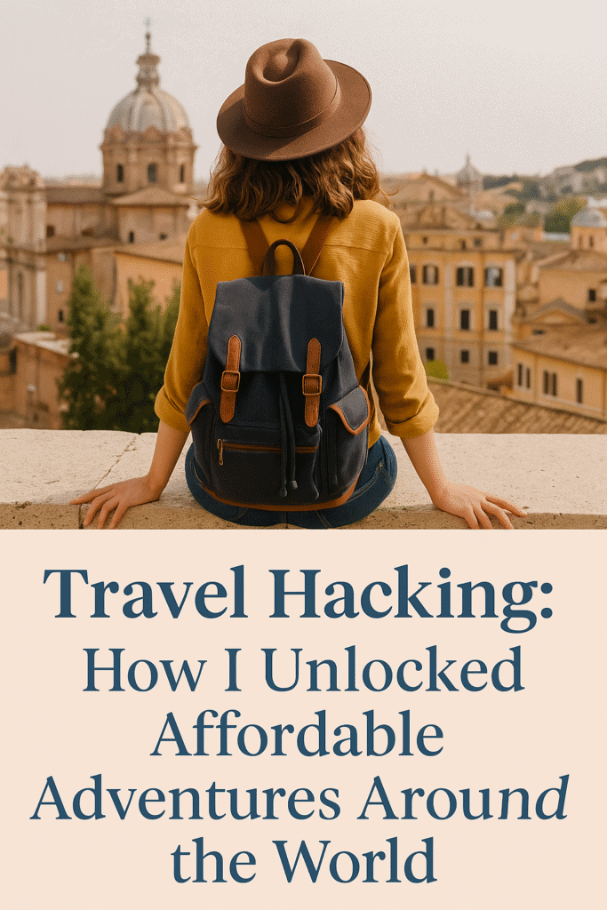 Minimalist Pinterest pin with a flat lay of travel essentials, featuring a map, camera, and journal with overlay text: Travel Hacking – How I Unlocked Affordable Adventures Around the World.