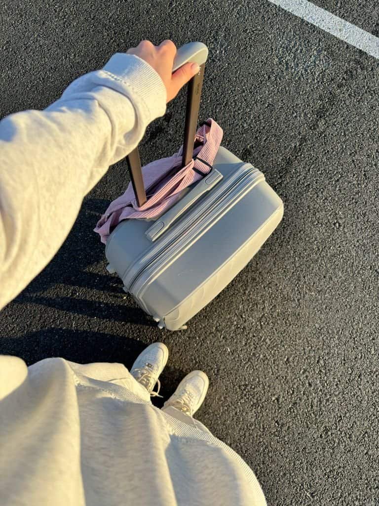 Person holding a wheeled suitcase on a sunny day, ready for a journey.